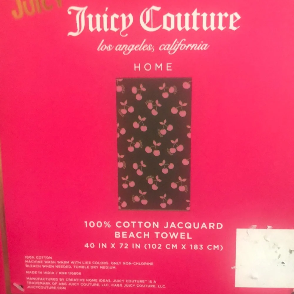 NWT Juicy Couture Black Background w/ Pink Cherries Beach Towel